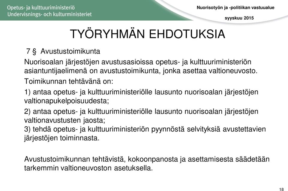 Toimikunnan tehtävänä on: 1) antaa opetus- ja kulttuuriministeriölle lausunto nuorisoalan järjestöjen valtionapukelpoisuudesta; 2) antaa opetus- ja