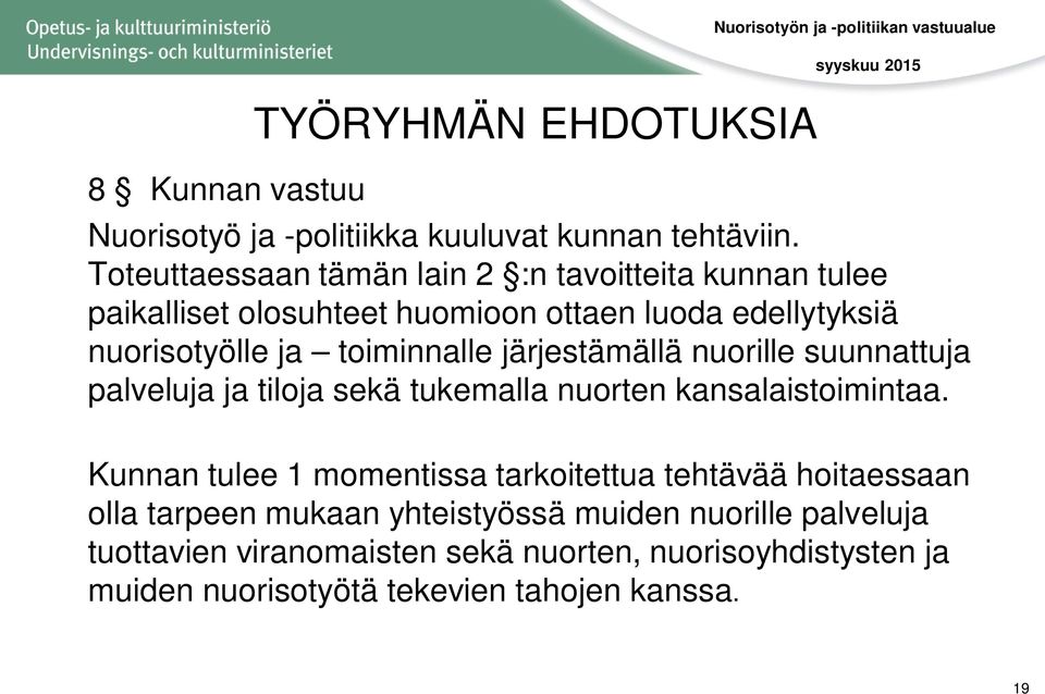 toiminnalle järjestämällä nuorille suunnattuja palveluja ja tiloja sekä tukemalla nuorten kansalaistoimintaa.