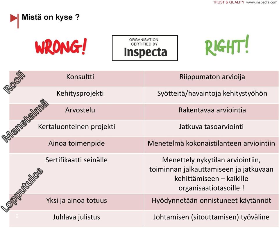 seinälle Yksi ja ainoa totuus Juhlava julistus Syötteitä/havaintoja kehitystyöhön Rakentavaa arviointia Jatkuva