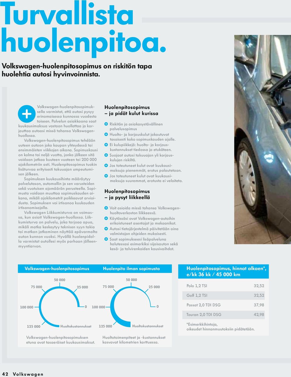 Palvelun asiakkaana saat kuukausimaksua vastaan huollattaa ja korjauttaa autoasi missä tahansa Volkswagenhuollossa.