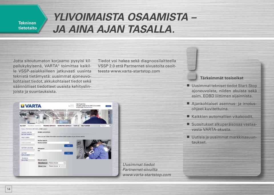 säännölliset tiedotteet uusista kehityslinjoista ja suuntauksista. Tiedot voi hakea sekä diagnoosilaitteella VSSP 2.0 että Partnernet-sivustolta osoitteesta www.varta-startstop.