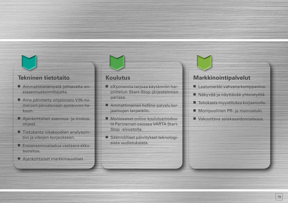 Koulutus exponentia tarjoaa käytännön harjoittelun Start-Stop-järjestelmien parissa. Ammattimainen hotline-palvelu korjaamojen tarpeisiin.