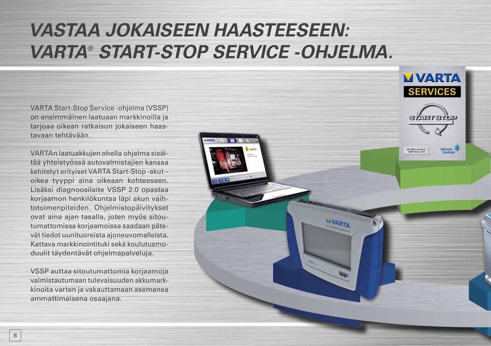 VARTAn laatuakkujen ohella ohjelma sisältää yhteistyössä autovalmistajien kanssa kehitetyt erityiset VARTA Start-Stop -akut oikea tyyppi aina oikeaan kohteeseen. Lisäksi diagnoosilaite VSSP 2.
