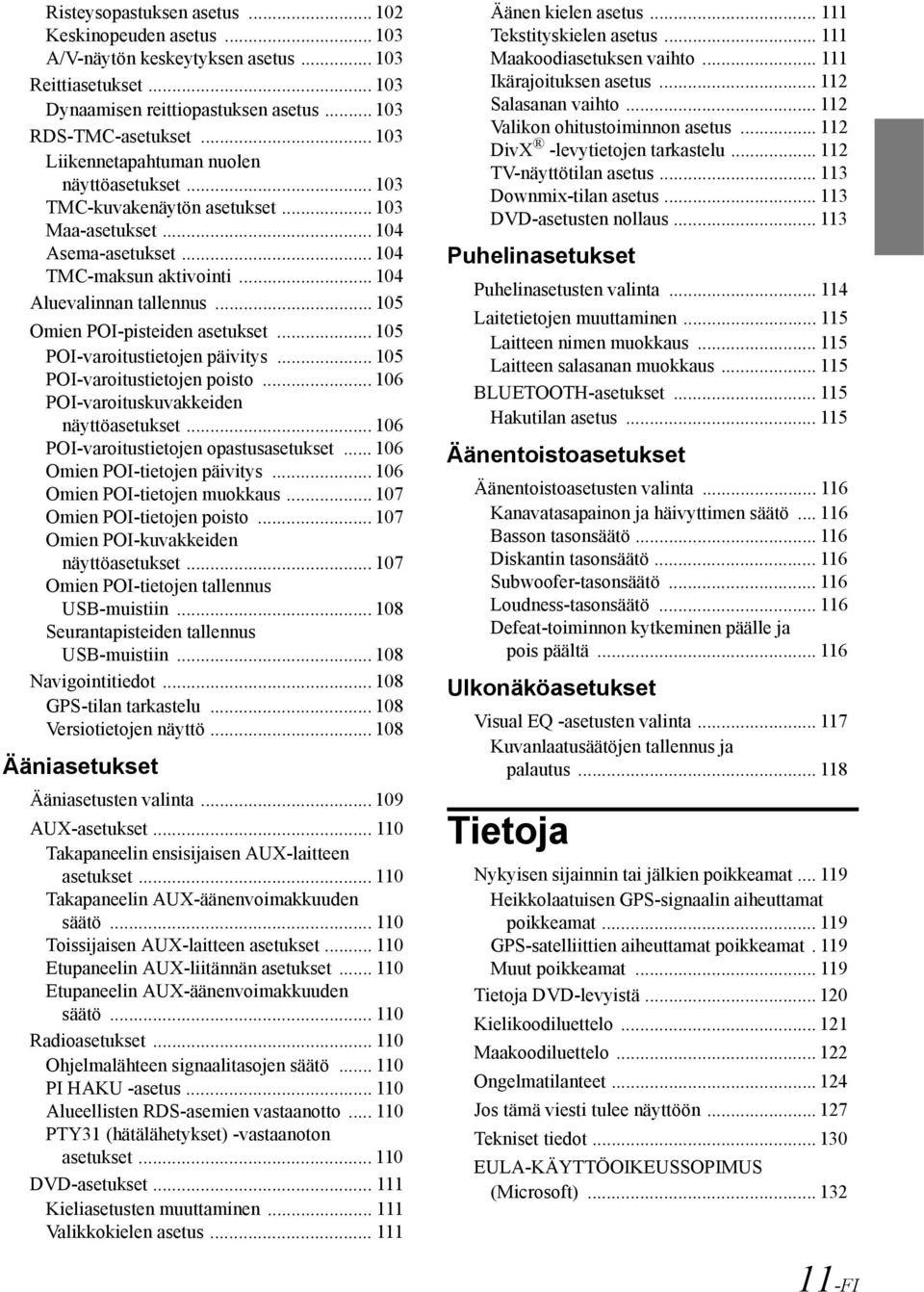 .. 105 Omien POI-pisteiden asetukset... 105 POI-varoitustietojen päivitys... 105 POI-varoitustietojen poisto... 106 POI-varoituskuvakkeiden näyttöasetukset... 106 POI-varoitustietojen opastusasetukset.