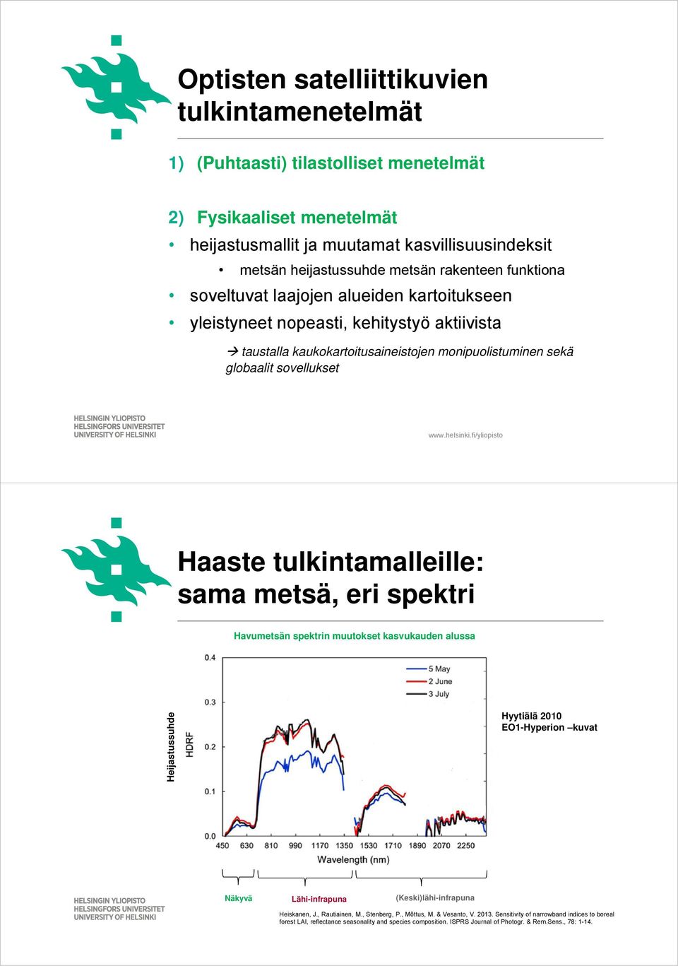 tulkintamalleille: sama metsä, eri spektri Havumetsän spektrin muutokset kasvukauden alussa Heijastussuhde Hyytiälä 2010 EO1-Hyperion kuvat Näkyvä Lähi-infrapuna (Keski)lähi-infrapuna Heiskanen, J.