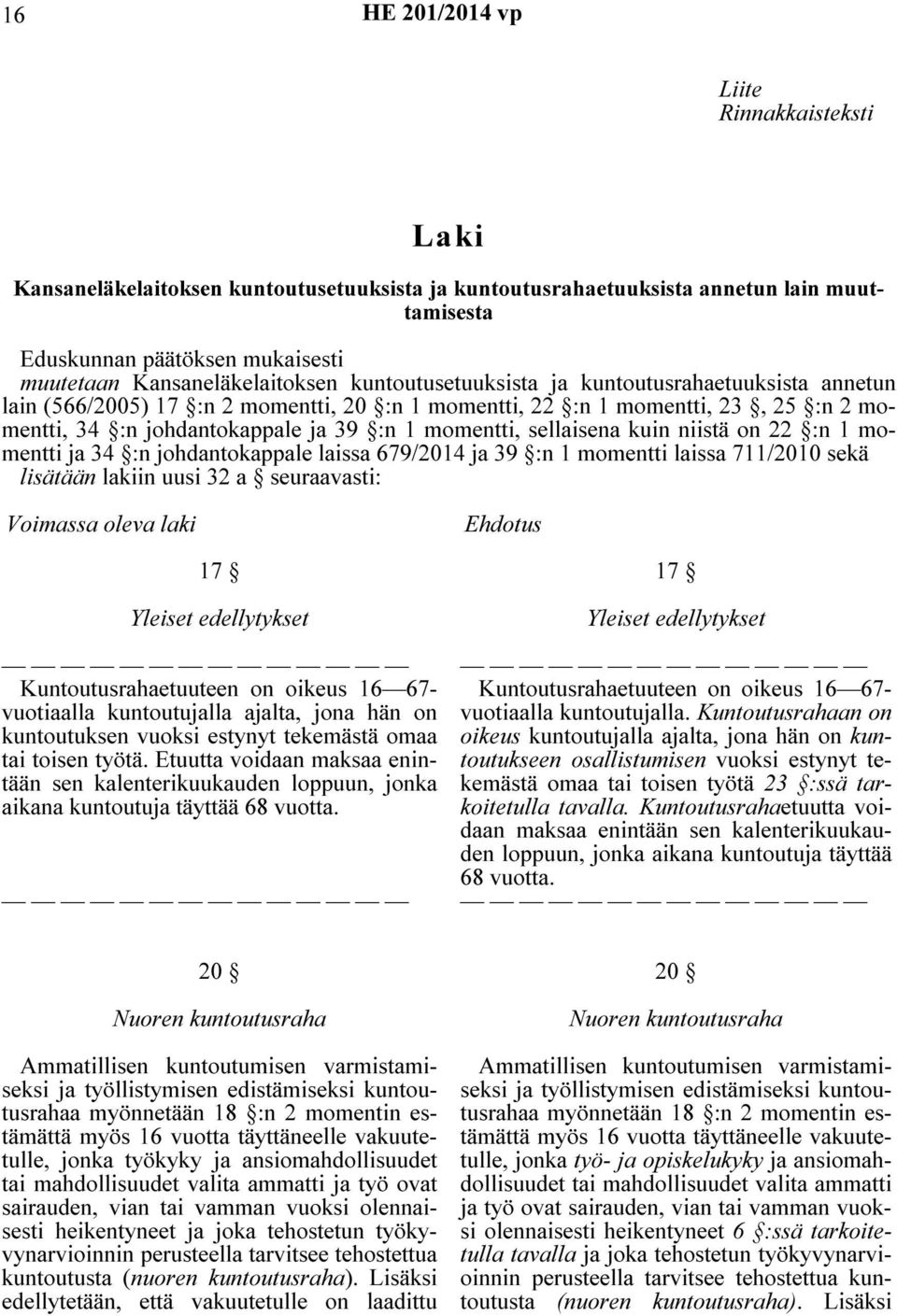 sellaisena kuin niistä on 22 :n 1 momentti ja 34 :n johdantokappale laissa 679/2014 ja 39 :n 1 momentti laissa 711/2010 sekä lisätään lakiin uusi 32 a seuraavasti: Voimassa oleva laki Ehdotus 17