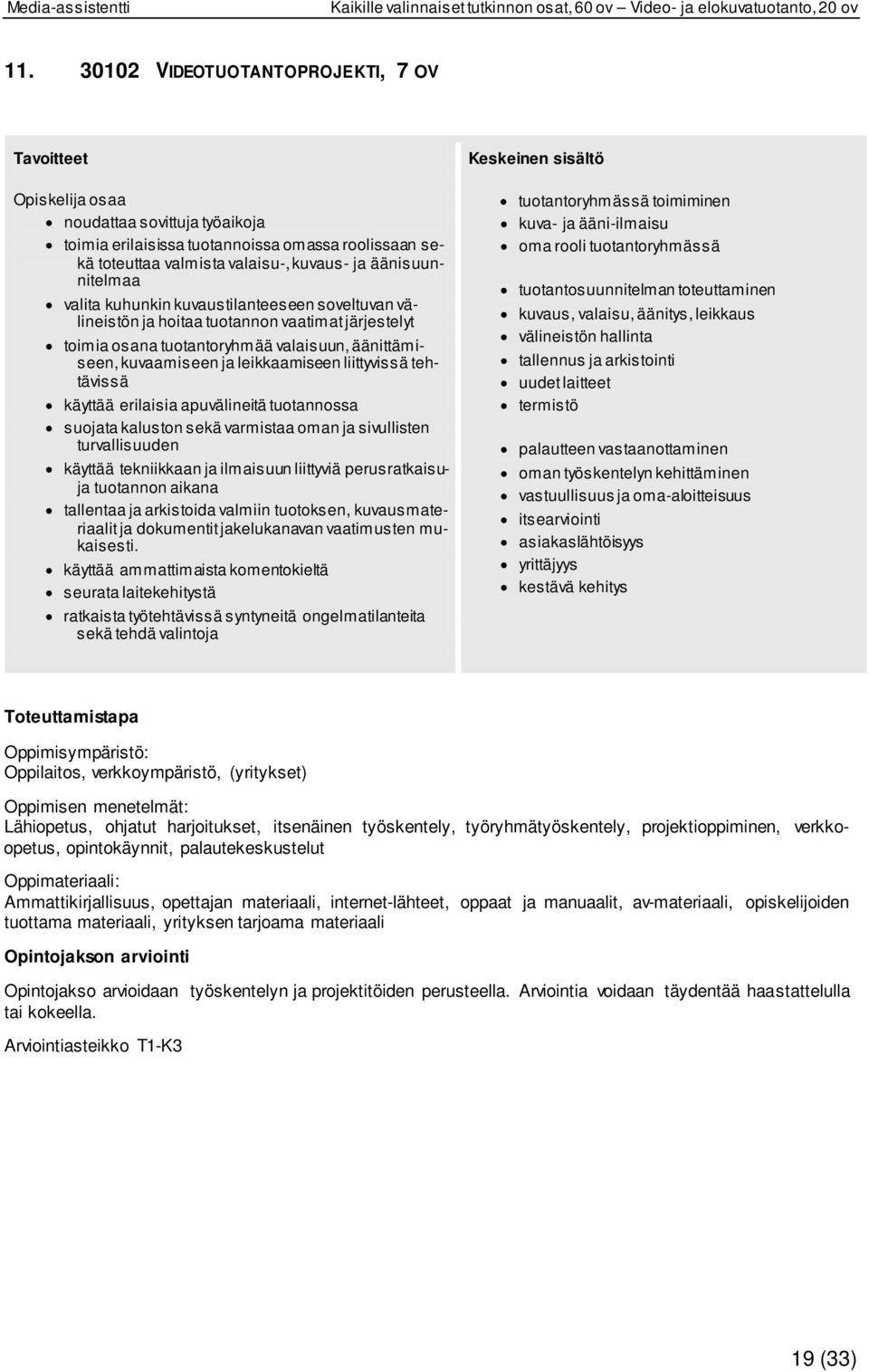 äänisuunnitelmaa valita kuhunkin kuvaustilanteeseen soveltuvan välineistön ja hoitaa tuotannon vaatimat järjestelyt toimia osana tuotantoryhmää valaisuun, äänittämiseen, kuvaamiseen ja leikkaamiseen