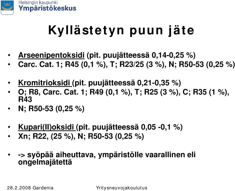 puujätteessä 0,21-0,35 %) O; R8, Carc. Cat.