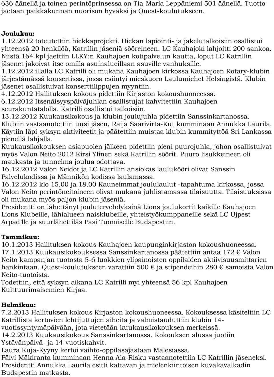 Niistä 164 kpl jaettiin LLKY:n Kauhajoen kotipalvelun kautta, loput LC Katrillin jäsenet jakoivat itse omilla asuinalueillaan asuville vanhuksille. 1.12.