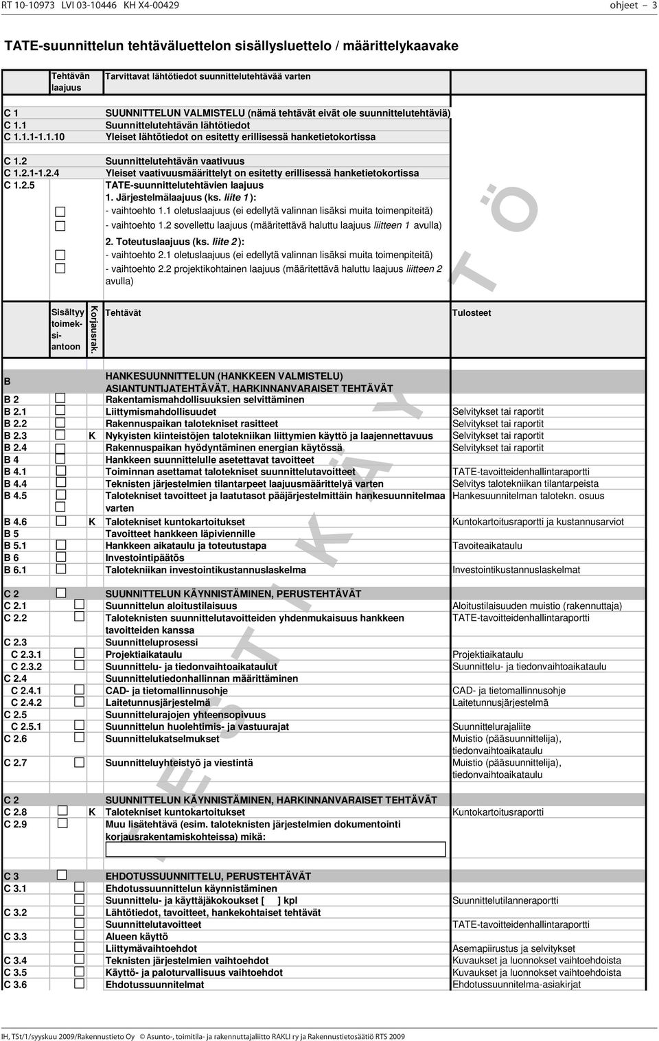 C 1.2.1-1.2.4 C 1.2.5 Sisältyy toimeksiantoon Korjausrak. Suunnittelutehtävän vaativuus Yleiset vaativuusmäärittelyt on esitetty erillisessä hanketietokortissa TATE-suunnittelutehtävien 1.