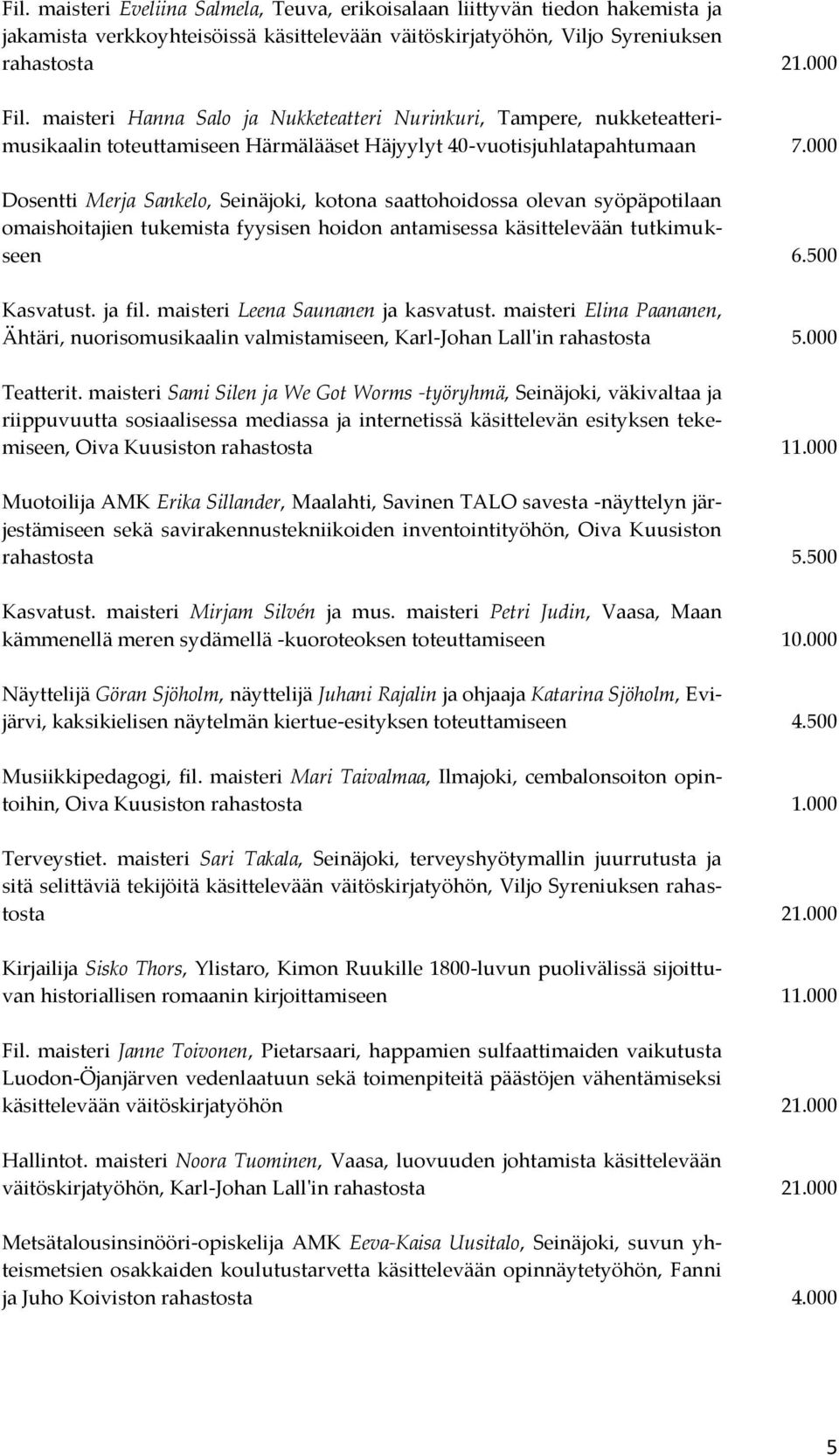 000 Dosentti Merja Sankelo, Seinäjoki, kotona saattohoidossa olevan syöpäpotilaan omaishoitajien tukemista fyysisen hoidon antamisessa käsittelevään tutkimukseen 6.500 Kasvatust. ja fil.