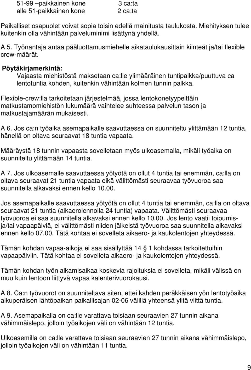 Pöytäkirjamerkintä: Vajaasta miehistöstä maksetaan ca:lle ylimääräinen tuntipalkka/puuttuva ca lentotuntia kohden, kuitenkin vähintään kolmen tunnin palkka.