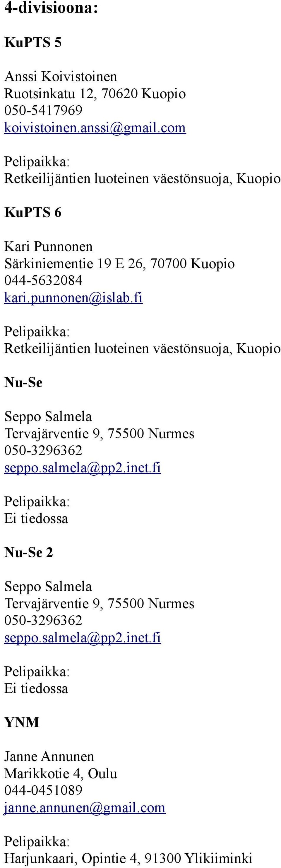 fi Retkeilijäntien luoteinen väestönsuoja, Kuopio Nu-Se Seppo Salmela Tervajärventie 9, 75500 Nurmes 050-3296362 seppo.salmela@pp2.inet.