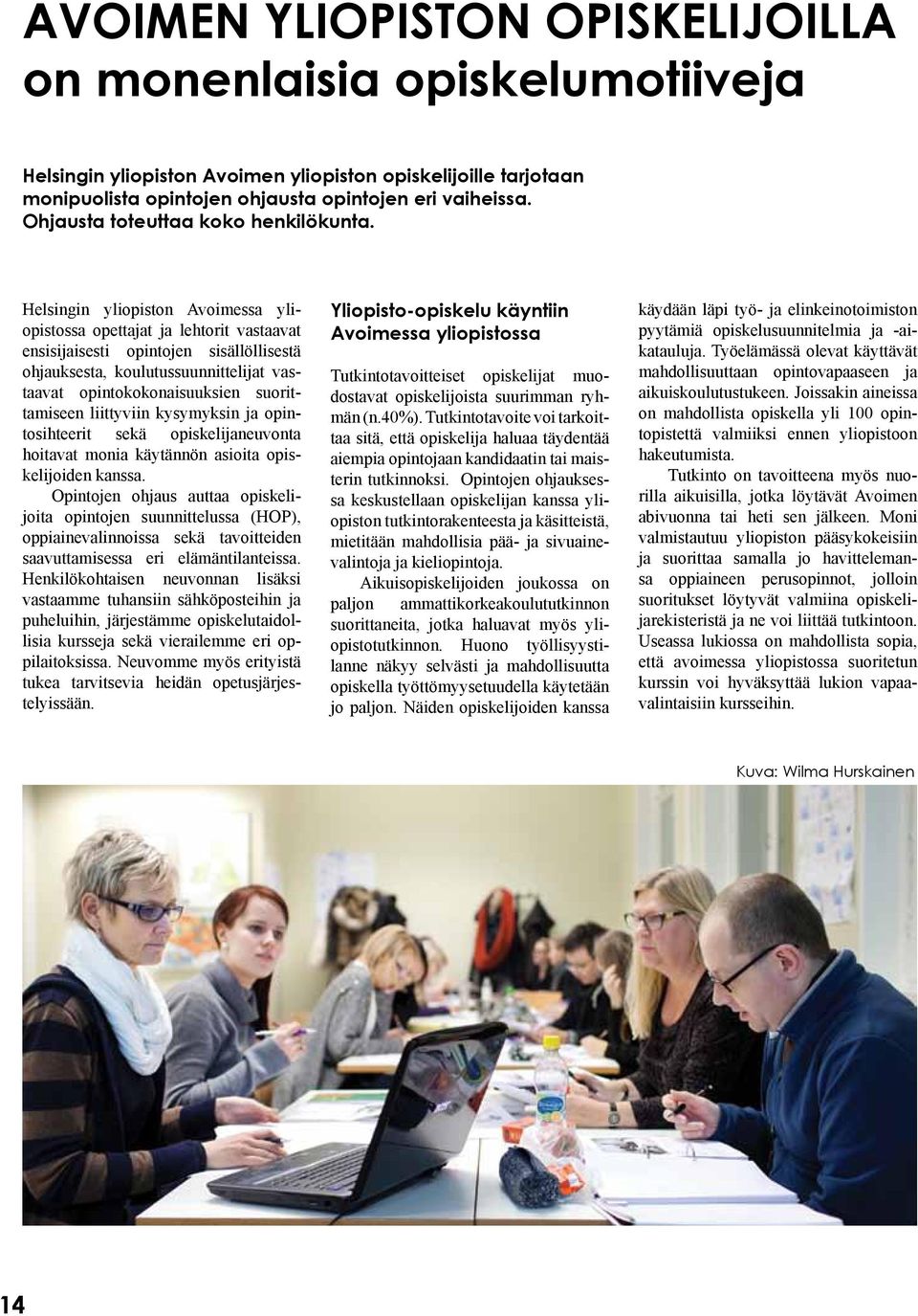 Helsingin yliopiston Avoimessa yliopistossa opettajat ja lehtorit vastaavat ensisijaisesti opintojen sisällöllisestä ohjauksesta, koulutussuunnittelijat vastaavat opintokokonaisuuksien suorittamiseen