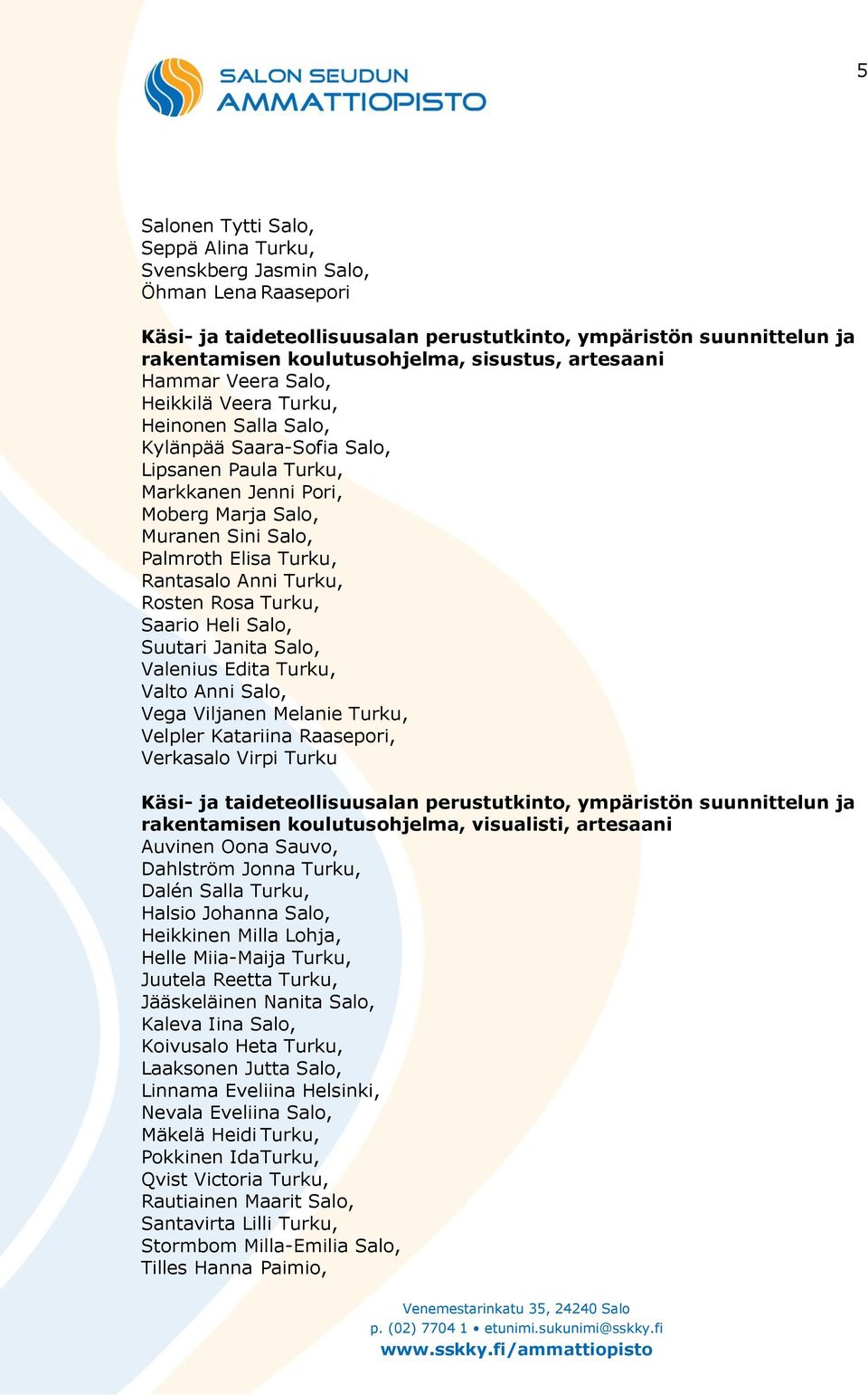 Turku, Rantasalo Anni Turku, Rosten Rosa Turku, Saario Heli Salo, Suutari Janita Salo, Valenius Edita Turku, Valto Anni Salo, Vega Viljanen Melanie Turku, Velpler Katariina Raasepori, Verkasalo Virpi