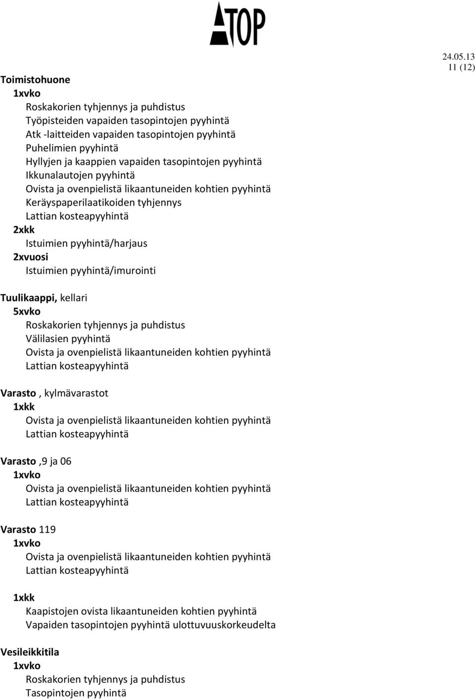 Istuimien pyyhintä/imurointi 11 (12) Tuulikaappi, kellari Välilasien pyyhintä Varasto, kylmävarastot