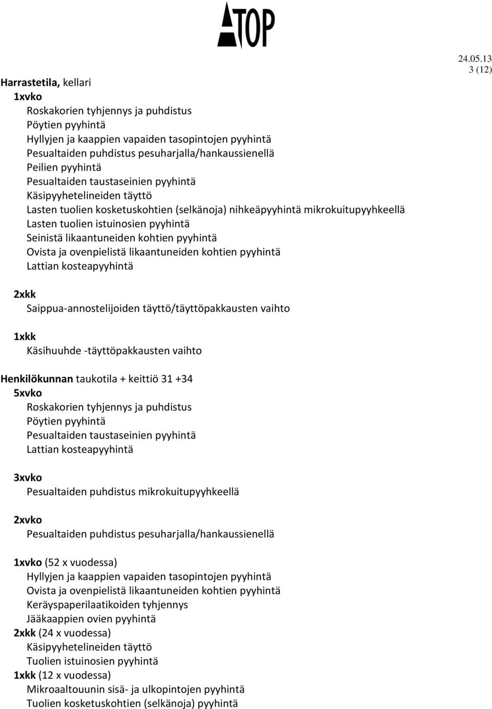 puhdistus mikrokuitupyyhkeellä (52 x vuodessa) Keräyspaperilaatikoiden tyhjennys Jääkaappien ovien pyyhintä (24 x vuodessa)