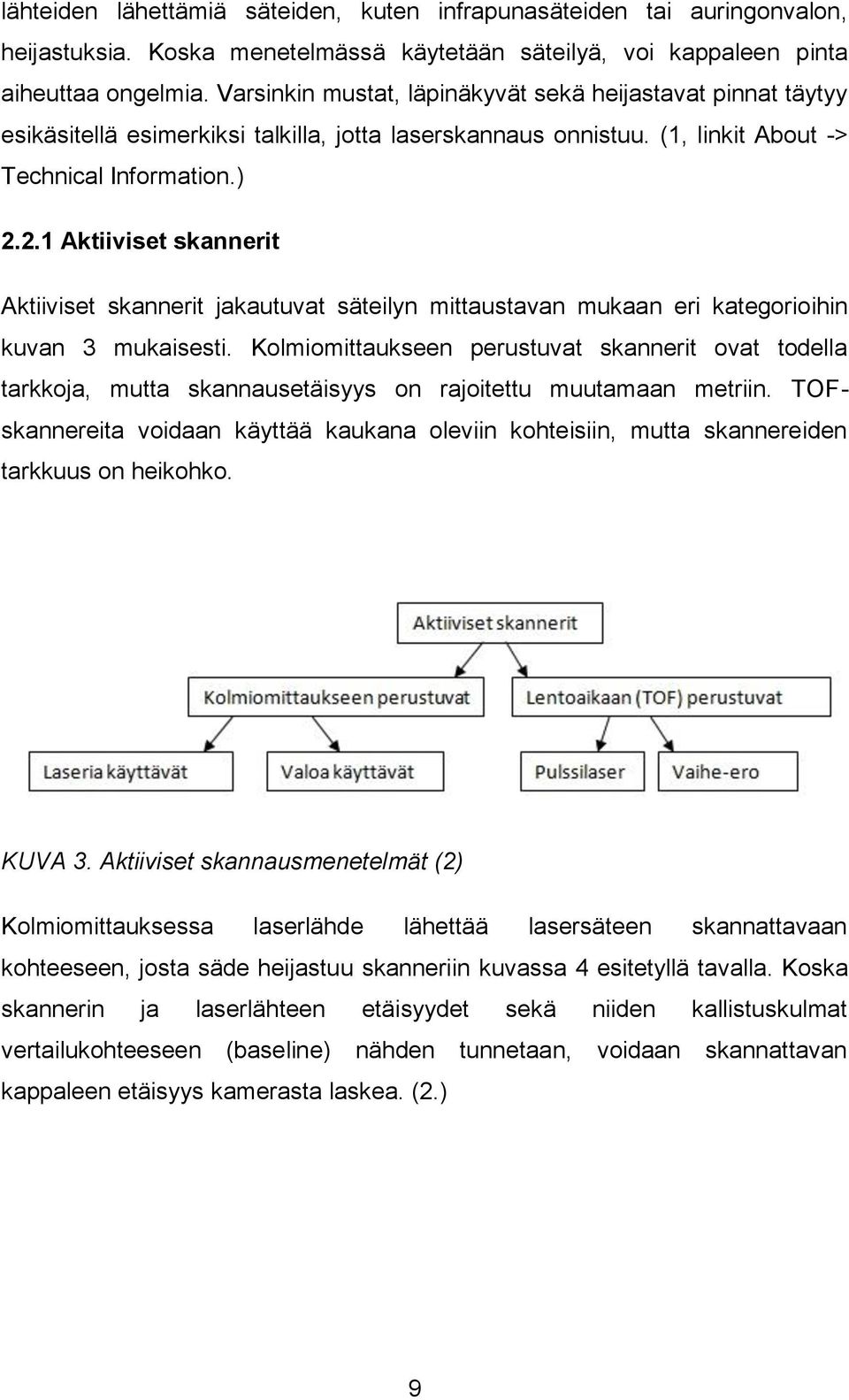 2.1 Aktiiviset skannerit Aktiiviset skannerit jakautuvat säteilyn mittaustavan mukaan eri kategorioihin kuvan 3 mukaisesti.