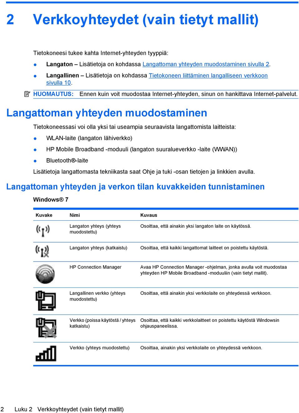 Langattoman yhteyden muodostaminen Tietokoneessasi voi olla yksi tai useampia seuraavista langattomista laitteista: WLAN-laite (langaton lähiverkko) HP Mobile Broadband -moduuli (langaton