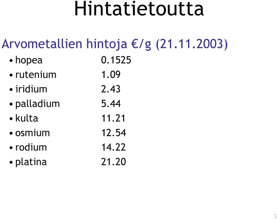 09 iridium 2.43 palladium 5.44 kulta 11.