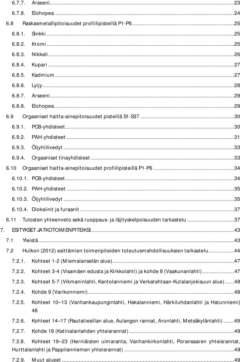 Orgaaniset tinayhdisteet...33 6.10 Orgaaniset haitta-ainepitoisuudet profiilipisteillä P1-P6...34 6.10.1. PCB-yhdisteet...34 6.10.2. PAH-yhdisteet...35 6.10.3. Öljyhiilivedyt...35 6.10.4. Dioksiinit ja furaanit.