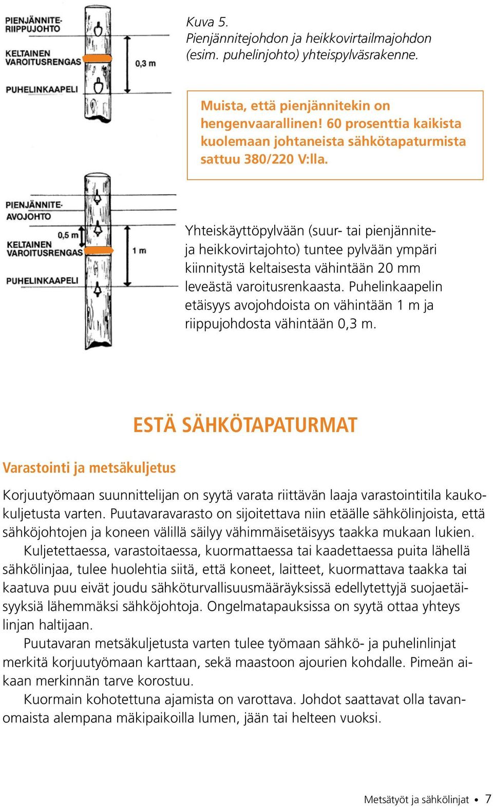 Yhteiskäyttöpylvään (suur- tai pienjänniteja heikkovirtajohto) tuntee pylvään ympäri kiinnitystä keltaisesta vähintään 20 mm leveästä varoitusrenkaasta.