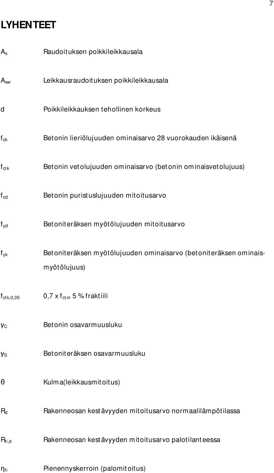 mitoitusarvo f yk Betoniteräksen myötölujuuden ominaisarvo (betoniteräksen ominaismyötölujuus) f ctk,0,05 0,7 x f ctm 5 % fraktiili C Betonin osavarmuusluku S Betoniteräksen