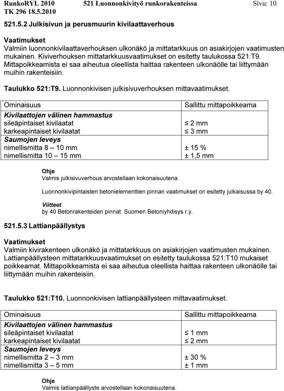 Luonnonkivisen julkisivuverhouksen mittavaatimukset.