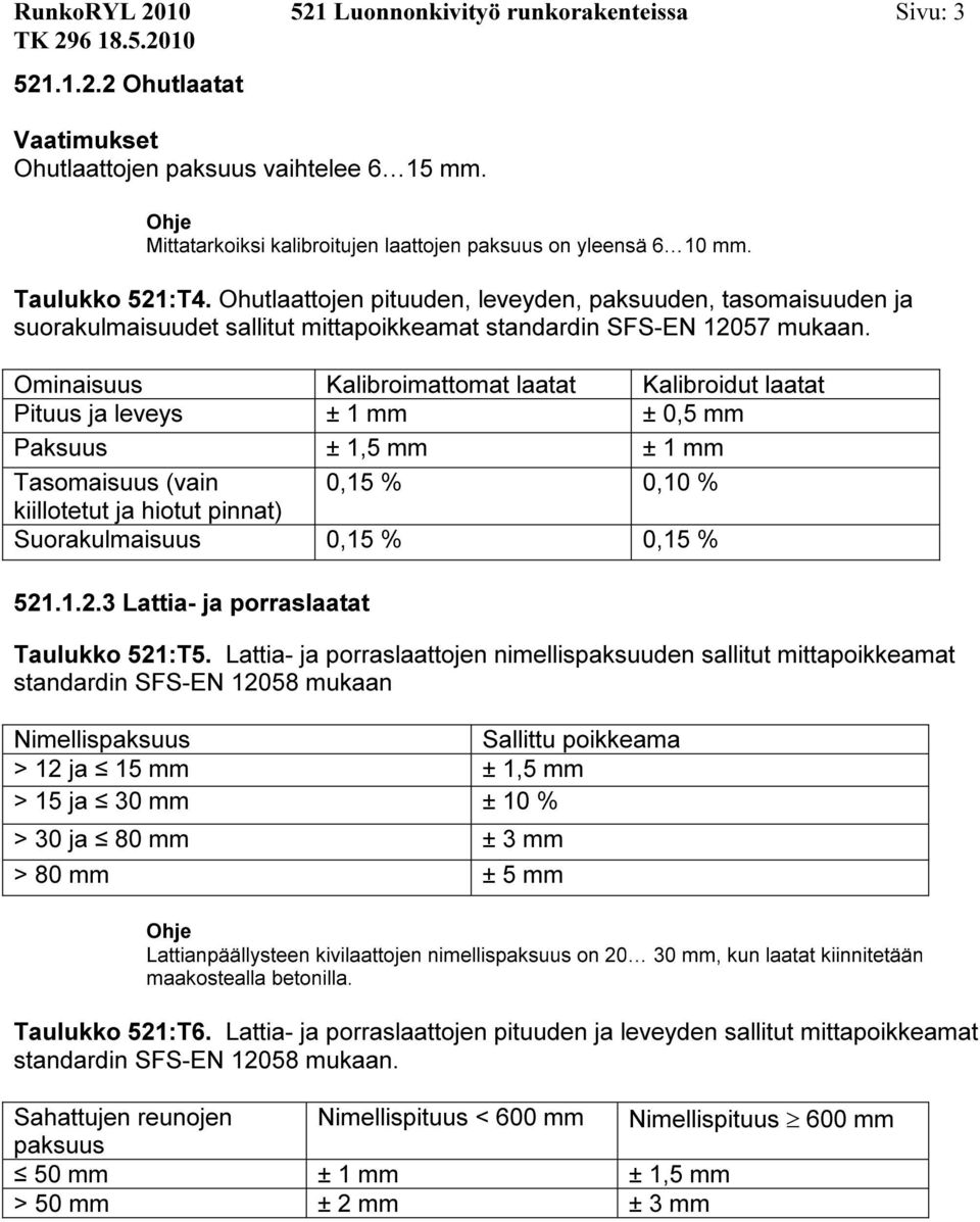 Ominaisuus Kalibroimattomat laatat Kalibroidut laatat Pituus ja leveys ± 1 mm ± 0,5 mm Paksuus ± 1,5 mm ± 1 mm Tasomaisuus (vain 0,15 % 0,10 % kiillotetut ja hiotut pinnat) Suorakulmaisuus 0,15 %