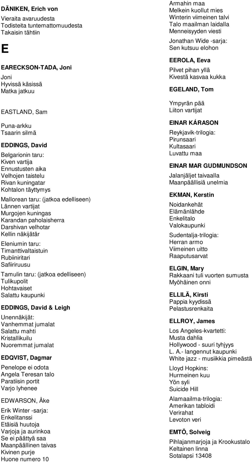 Darshivan velhotar Kellin näkijätär Eleniumin taru: Timanttivaltaistuin Rubiiniritari Safiiriruusu Tamulin taru: (jatkoa edelliseen) Tulikupolit Hohtavaiset Salattu kaupunki EDDINGS, David & Leigh