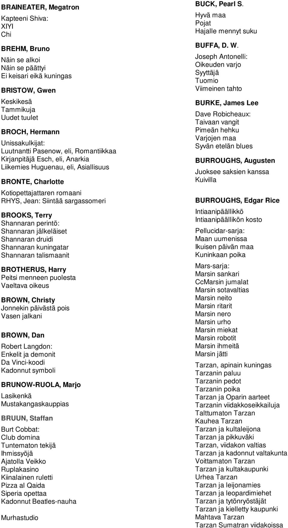 Shannaran perintö: Shannaran jälkeläiset Shannaran druidi Shannaran kuningatar Shannaran talismaanit BROTHERUS, Harry Peitsi menneen puolesta Vaeltava oikeus BROWN, Christy Jonnekin päivästä pois