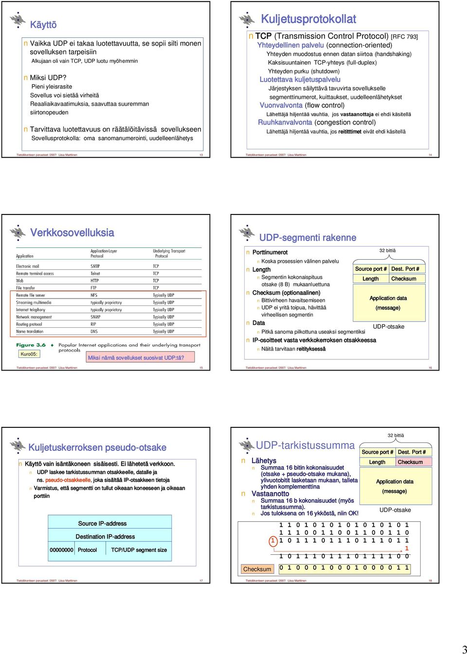 sanomanumerointi, uudelleenlähetys Kuljetusprotokollat TCP (Transmission Control Protocol) [RFC 793] Yhteydellinen palvelu (connection-oriented) Yhteyden muodostus ennen datan siirtoa (handshaking)