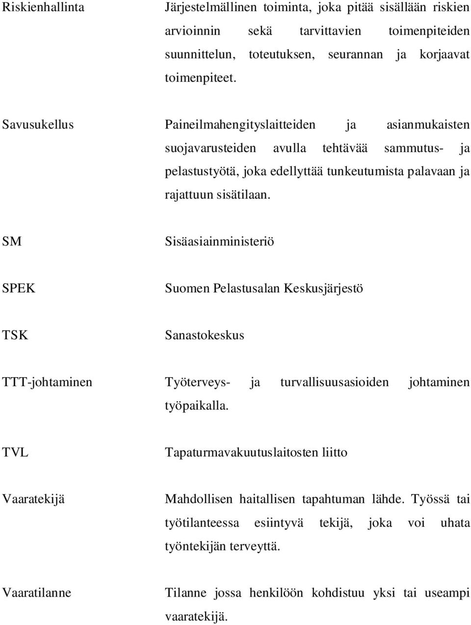 SM Sisäasiainministeriö SPEK Suomen Pelastusalan Keskusjärjestö TSK Sanastokeskus TTT-johtaminen Työterveys- ja turvallisuusasioiden johtaminen työpaikalla.