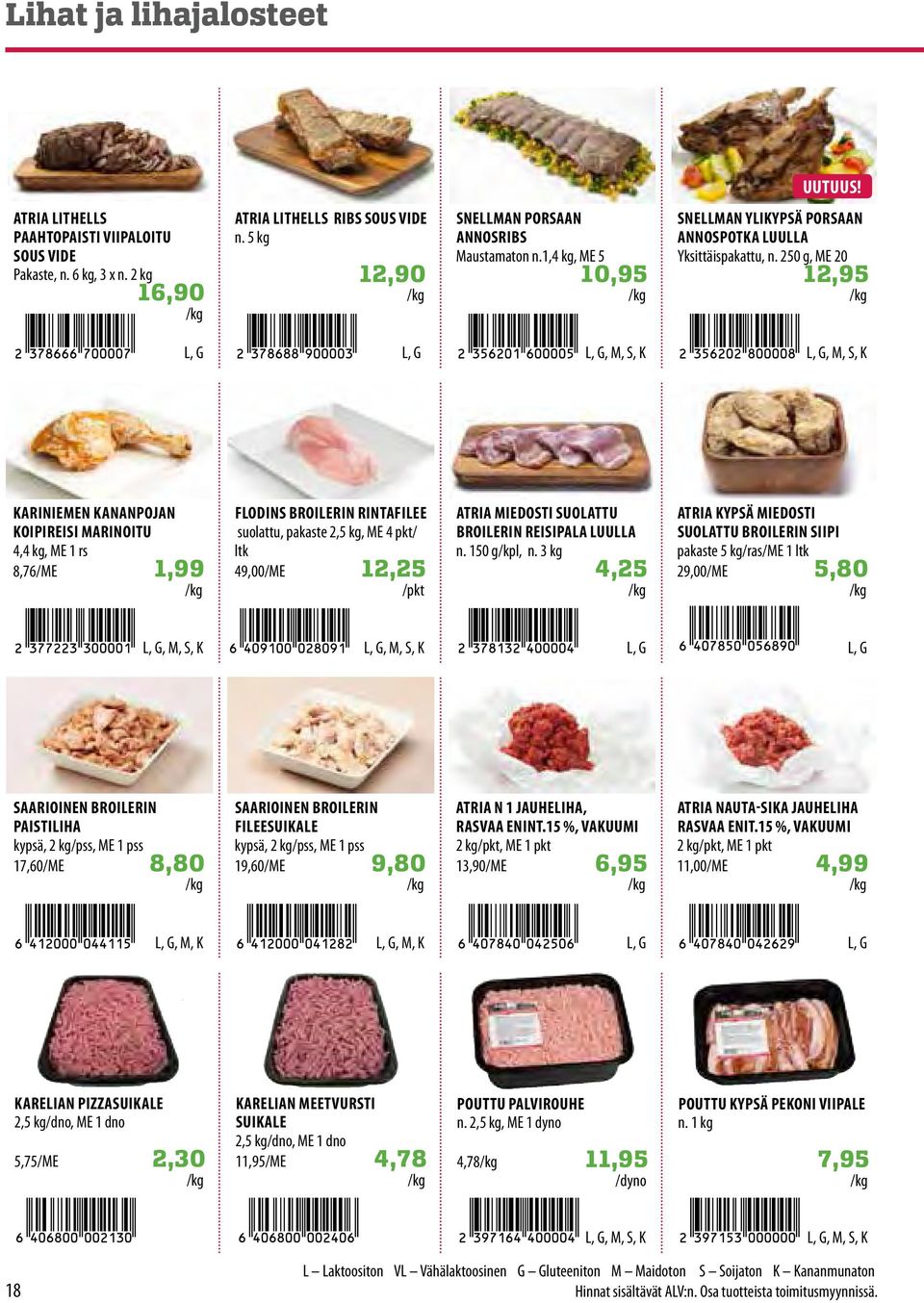 250 g, ME 20 12,95, G, G KARINIEMEN KANANPOJAN KOIPIREISI MARINOITU 4,4 kg, ME 1 rs 8,76/ME 1,99 FODINS BROIERIN RINTAFIEE suolattu, pakaste 2,5 kg, ME 4 pkt/ ltk 49,00/ME 12,25 ATRIA MIEDOSTI