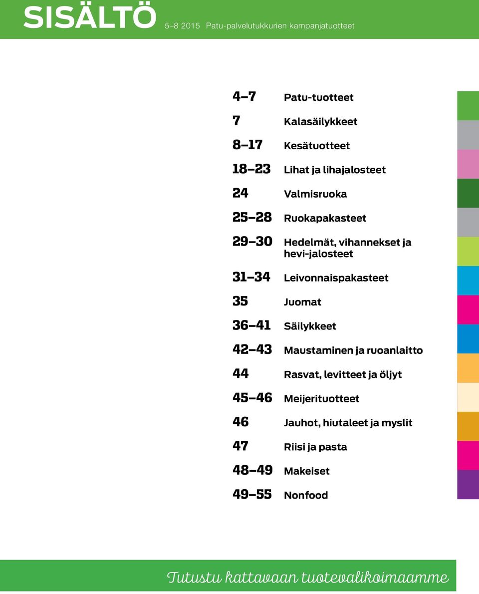 eivonnaispakasteet 35 Juomat 36 41 Säilykkeet 42 43 Maustaminen ja ruoanlaitto 44 Rasvat, levitteet ja öljyt 45 46