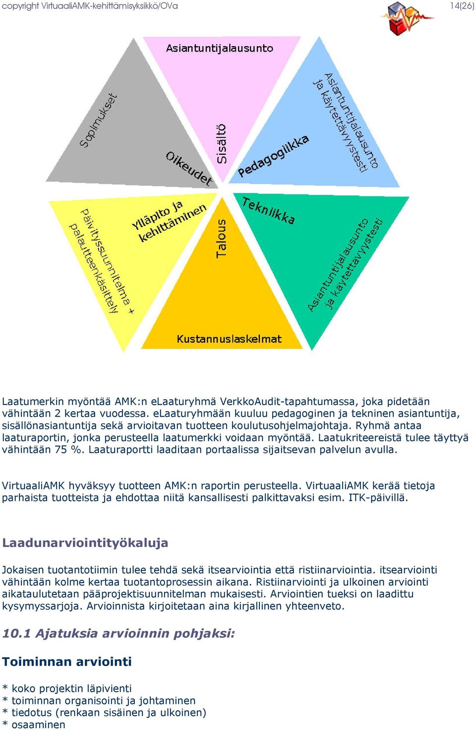 Ryhmä antaa laaturaportin, jonka perusteella laatumerkki voidaan myöntää. Laatukriteereistä tulee täyttyä vähintään 75 %. Laaturaportti laaditaan portaalissa sijaitsevan palvelun avulla.