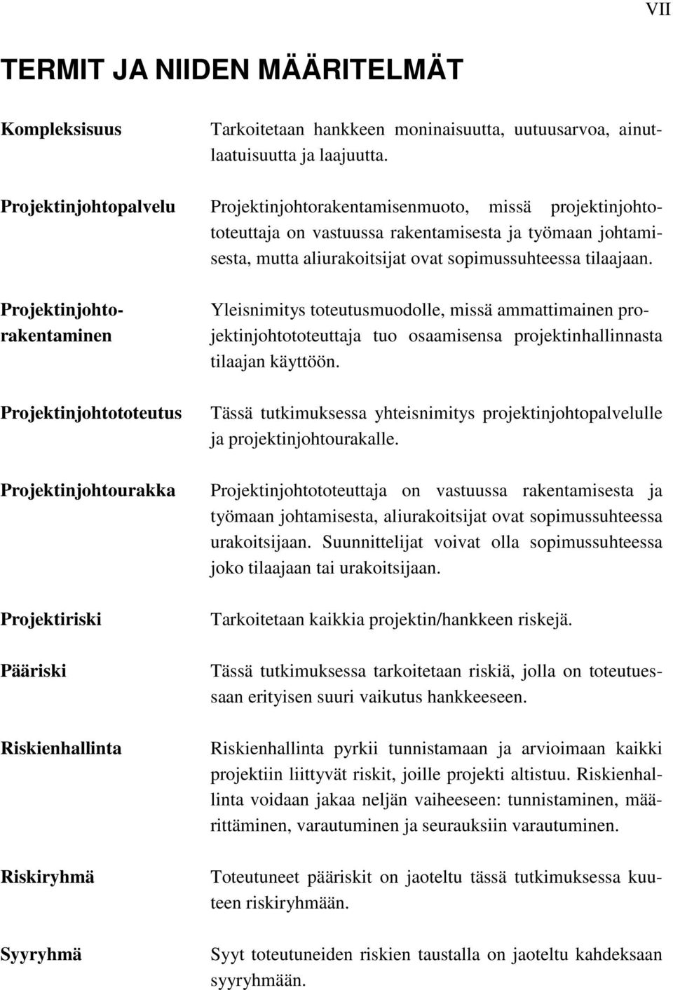 Projektinjohtorakentaminen Projektinjohtototeutus Projektinjohtourakka Projektiriski Pääriski Riskienhallinta Riskiryhmä Syyryhmä Yleisnimitys toteutusmuodolle, missä ammattimainen