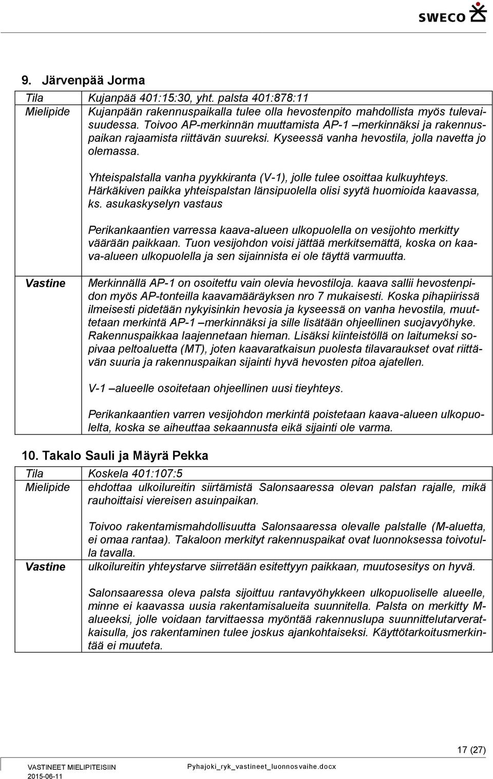 Yhteispalstalla vanha pyykkiranta (V-1), jolle tulee osoittaa kulkuyhteys. Härkäkiven paikka yhteispalstan länsipuolella olisi syytä huomioida kaavassa, ks.