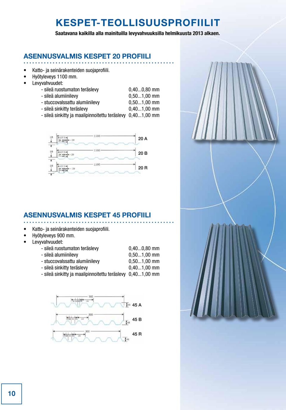 ..1,00 mm - sileä sinkitty ja maalipinnoitettu teräslevy 0,40...1,00 mm 20 A 20 B 20 R ASENNUSVALMIS KESPET 45 PROFIILI Katto- ja seinärakenteiden suojaprofiili. Hyötyleveys 900 mm.