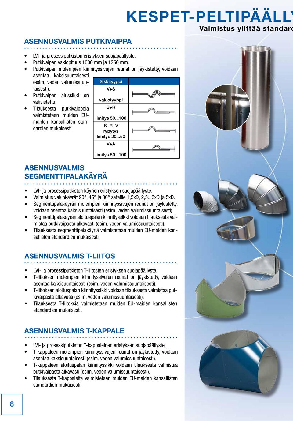 Tilauksesta putkivaippoja valmistetaan muiden EUmaiden kansallisten standardien mukaisesti. ASENNUSVALMIS SEGMENTTIPALAKÄYRÄ Sikkityyppi V+S vakiotyyppi S+R limitys 50...100 S+R+V rypytys limitys 20.