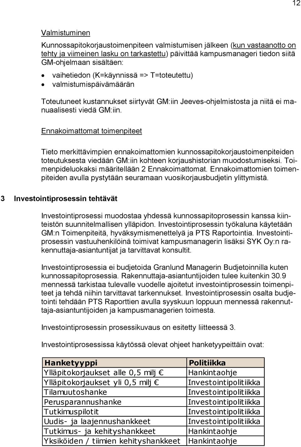 Ennakoimattomat toimenpiteet Tieto merkittävimpien ennakoimattomien kunnossapitokorjaustoimenpiteiden toteutuksesta viedään GM:iin kohteen korjaushistorian muodostumiseksi.