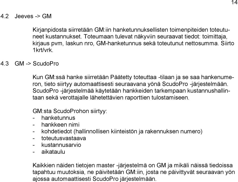 Kun GM:ssä hanke siirretään Päätetty toteuttaa -tilaan ja se saa hankenumeron, tieto siirtyy automaattisesti seuraavana yönä ScudoPro -järjestelmään.