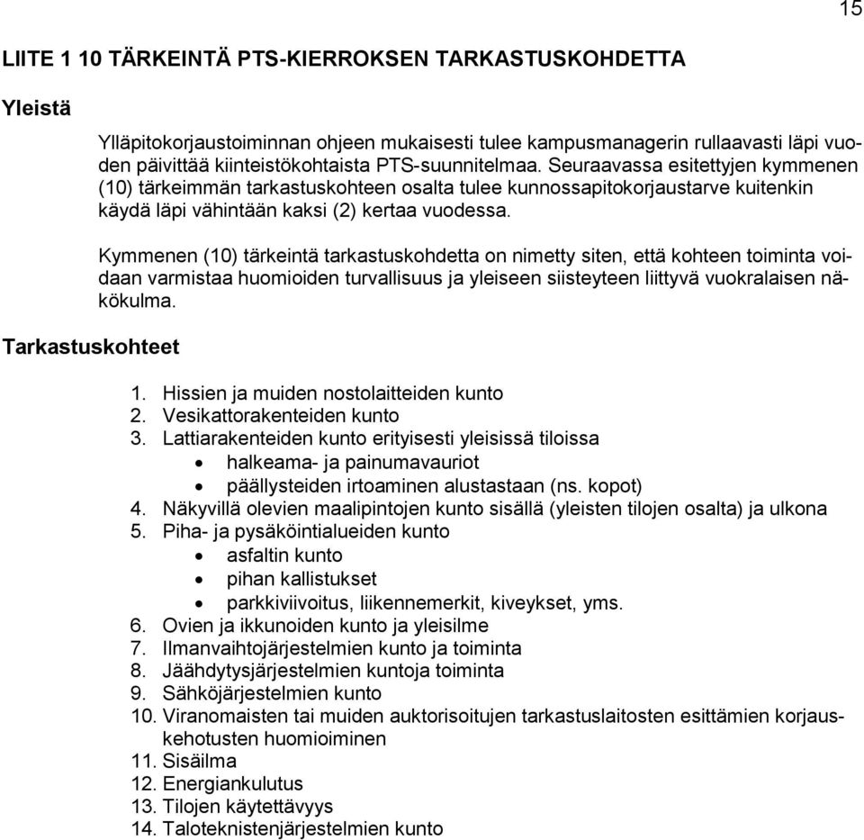 Tarkastuskohteet Kymmenen (10) tärkeintä tarkastuskohdetta on nimetty siten, että kohteen toiminta voidaan varmistaa huomioiden turvallisuus ja yleiseen siisteyteen liittyvä vuokralaisen näkökulma. 1.