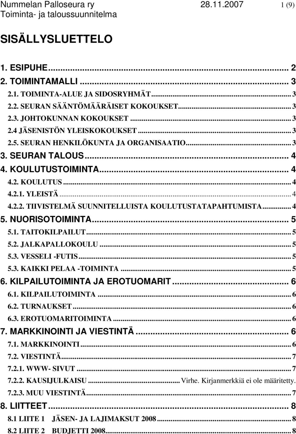 .. 4 5. NUORISOTOIMINTA... 5 5.1. TAITOKILPAILUT... 5 5.2. JALKAPALLOKOULU... 5 5.3. VESSELI -FUTIS... 5 5.3. KAIKKI PELAA -TOIMINTA... 5 6. KILPAILUTOIMINTA JA EROTUOMARIT... 6 6.1. KILPAILUTOIMINTA... 6 6.2. TURNAUKSET.