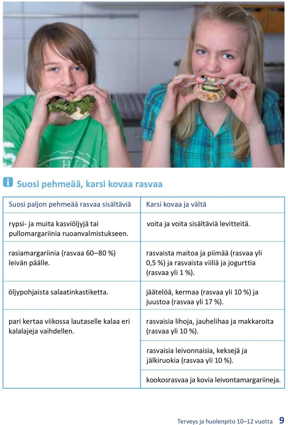 Karsi kovaa ja vältä voita ja voita sisältäviä levitteitä. rasvaista maitoa ja piimää (rasvaa yli 0,5 %) ja rasvaista viiliä ja jogurttia (rasvaa yli 1 %).