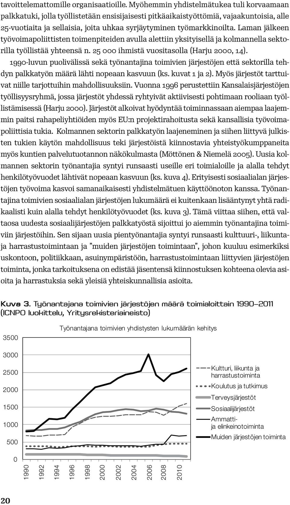 työmarkkinoilta. Laman jälkeen työvoimapoliittisten toimenpiteiden avulla alettiin yksityisellä ja kolmannella sektorilla työllistää yhteensä n. 25 000 ihmistä vuositasolla (Harju 2000, 14).