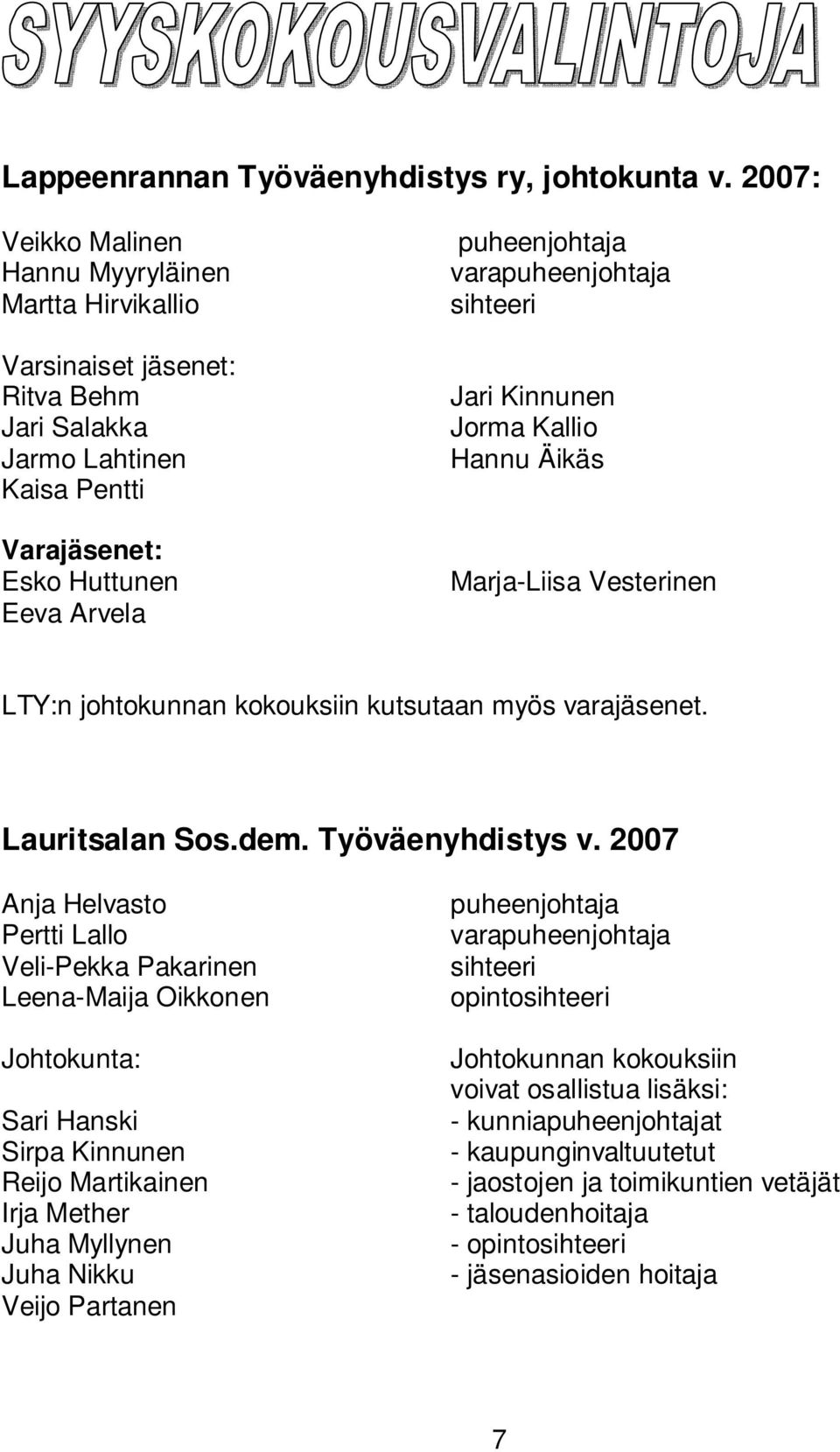 varapuheenjohtaja sihteeri Jari Kinnunen Jorma Kallio Hannu Äikäs Marja-Liisa Vesterinen LTY:n johtokunnan kokouksiin kutsutaan myös varajäsenet. Lauritsalan Sos.dem. Työväenyhdistys v.