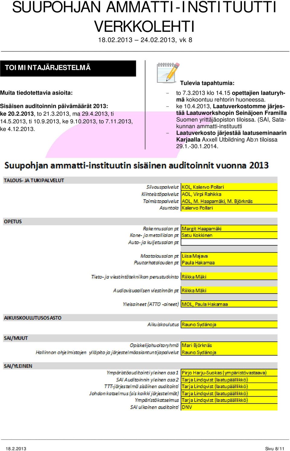 15 opettajien laaturyhmä kokoontuu rehtorin huoneessa. - ke 10.4.