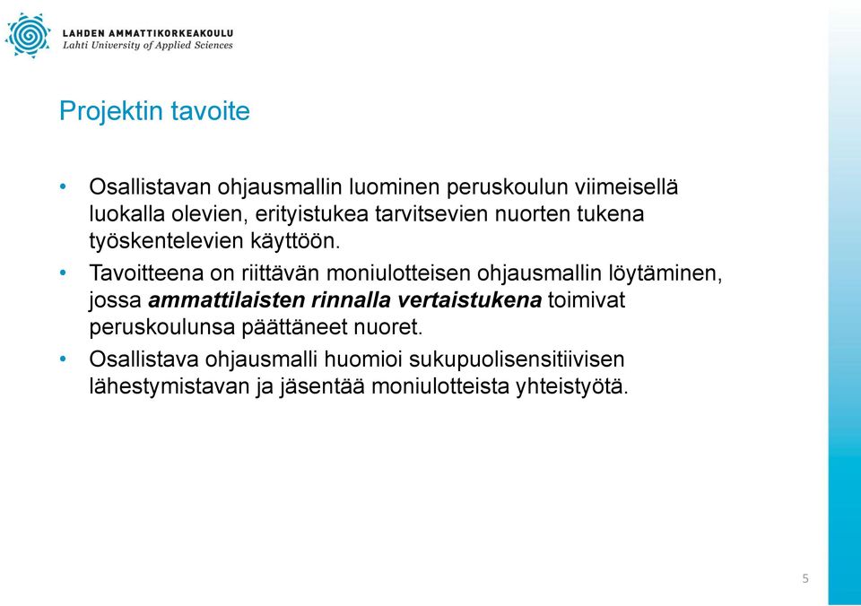 Tavoitteena on riittävän moniulotteisen ohjausmallin löytäminen, jossa ammattilaisten rinnalla