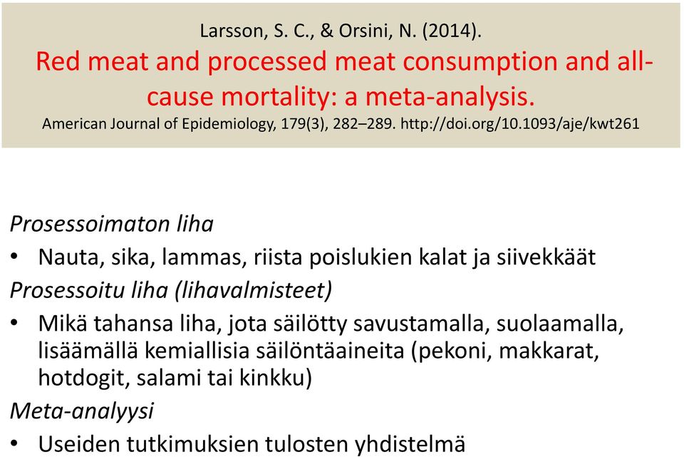 1093/aje/kwt261 Prosessoimaton liha Nauta, sika, lammas, riista poislukien kalat ja siivekkäät Prosessoitu liha (lihavalmisteet)